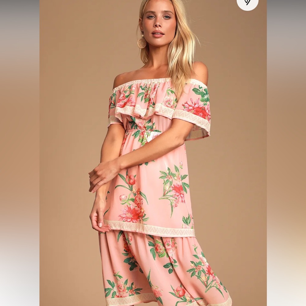 Aviara Blush Floral Print Off-the-Shoulder Tiered Midi Dress